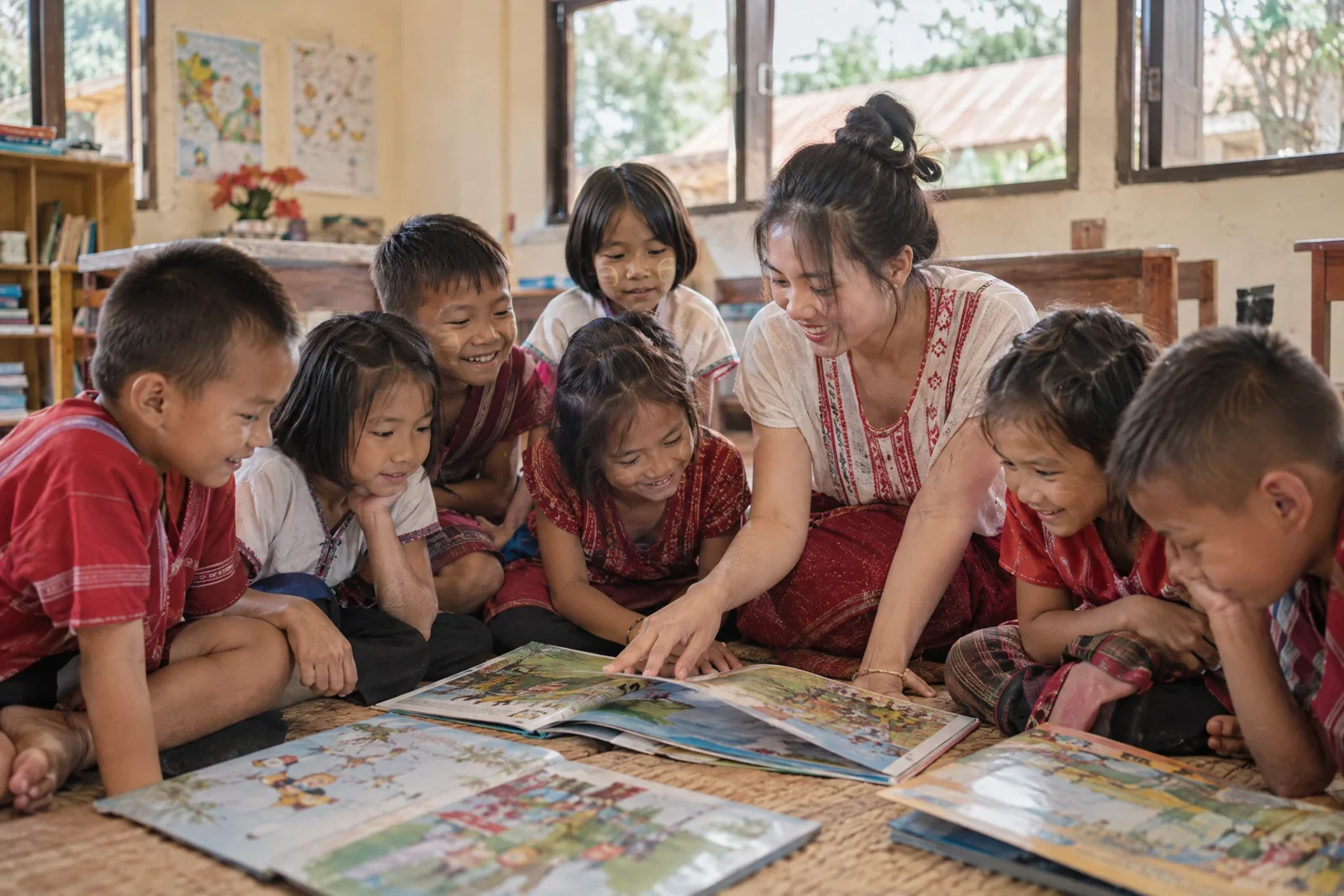 AI illustration: A group of children discovering picture books together
