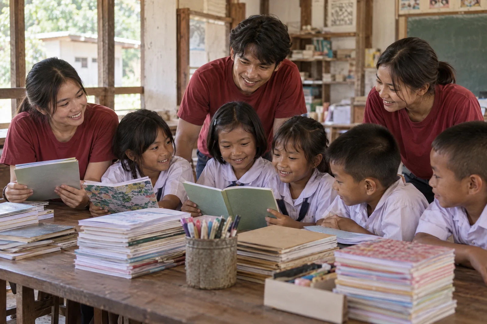 AI illustration: Volunteers and children preparing for a learning day